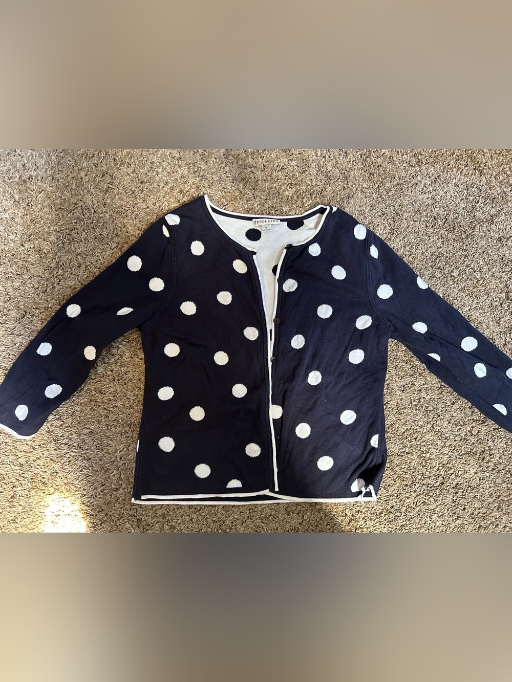 Pendleton 100% cotton navy white preppy polka dot cardigan button down sweater